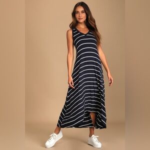 Blue Striped V-Neck Maxi